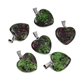 Heart Natural Zoisite Pendants, with Platinum Tone Brass Findings, Platinum, 20.5~21.5x20~21x5~6mm, Hole: 4x7.5mm