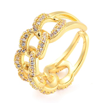 Curb Chains Shape Brass Open Cuff Rings with Cubic Zirconia, Lead Free & Cadmium Free, Real 18K Gold Plated, Inner Diameter: 17.4mm