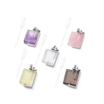 Rotatable Natural Quartz Perfume Bottle Pendants, with 304 Stainless Steel Findings and Plastic Transfer Pipettes, Long-Lasting Plated, Rectangle, Stainless Steel Color, 48x25~25.5x7~9mm, Hole: 6x3mm, Capacity: 5ml(0.17 fl. oz)