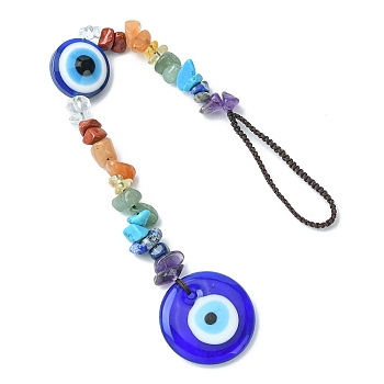 Gemstone Chip Beaded Pendant Decorations, with Evil Eye Lampwork and Nylon Thread Hanging Ornaments, Flat Round, 225mm, Pendant: 177x29x8mm