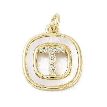 Rack Plating Brass Micro Pave Clear Cubic Zirconia Pendants, with Shell, Cadmium Free & Lead Free, Long-Lasting Plated, Real 18K Gold Plated, with Jump Ring, Letter T, 17.5x15x2.5mm, Hole: 3mm