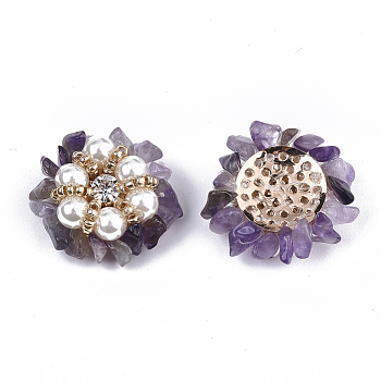 Natural Amethyst Cabochons, with ABS Plastic Imitation Pearl, Golden Plated Brass Perforated Disc Settings, Crystal Rhinestone and Glass Seed Beads, Flower, 25~29x7~9mm