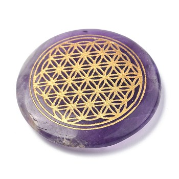 Chakras Themed Natural Amethyst Cabochons, Flat Round with Flower of Life, 35x6~7mm