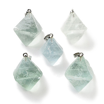 Natural Fluorite Pendants, Rhombus Charms with Rack Plating Platinum Plated Brass Snap on Bails, 27~33x23.5~30x18~23mm, Hole: 6x4mm