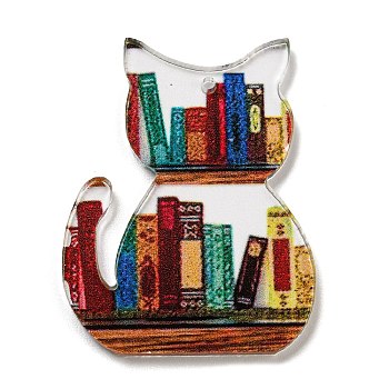 School Theme Acrylic Pendants, Book, Cat Shape, 39.5x30.5x2mm, Hole: 1.4mm