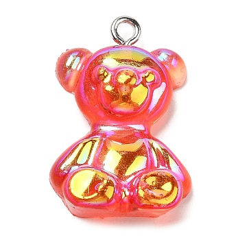 Transparent Resin Pendants, Iridescent Bear Charms with Platinum Plated Iron Loops, Orange Red, 24.5~25.5x17~18x8~8.5mm, Hole: 1.8mm