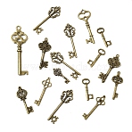 Tibetan Style Alloy Pendants, Skeleton Key Charms, Antique Bronze, 32~70x13.5~31x2~4mm, Hole: 2.5~7.5mm(FIND-D040-01AB)
