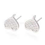 Brass Stud Earring Findings, Cadmium Free & Lead Free, with Cubic Zirconia and Loop, Heart, Clear, Platinum, 10x9mm, Hole: 1.2mm, Pin: 0.8mm(ZIRC-O034-20P)