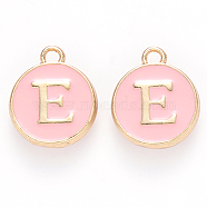 Golden Plated Alloy Enamel Charms, Cadmium Free & Lead Free, Enamelled Sequins, Flat Round with Letter, Pink, Letter.E, 14x12x2mm, Hole: 1.5mm(X-ENAM-S118-07E)