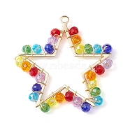Glass Beads Copper Wire Wrapped Brass Star Pendants, Real 18K Gold Plated, Colorful, 41.5x39x4mm, Hole: 2mm(PALLOY-JF02453-01)