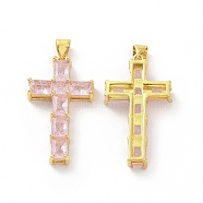 Brass Micro Pave Clear Cubic Zirconia Pendants, Cross, Religion, Pearl Pink, 32.5x18x5.5mm, Hole: 3.5x5mm(ZIRC-F135-27G-03)