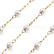 Handmade Round ABS Imitation Pearl Beaded Chains, with Ion Plating(IP) 304 Stainless Steel Chains, Unwelded, Real 18K Gold Plated , White, 2.2x1x0.5mm, Round: 3mm(CHS-P019-09A-G)