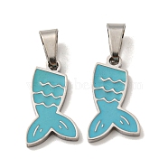 316 Surgical Stainless Steel Pendants, with Enamel, Fishtail Charm, Stainless Steel Color, Dark Turquoise, 15x9x1mm, Hole: 3.5x5mm(STAS-G325-02P)