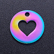 Ion Plating(IP) 201 Stainless Steel Charms, Flat Round with Heart, Rainbow Color, 12x1mm, Hole: 1.5mm(STAS-Q201-JN175)