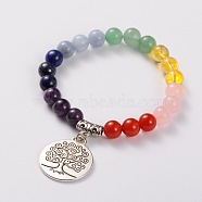 Natural Gemstone Stretch Charm Bracelets, with Tibetan Style Tree of Life Pendant, Antique Silver, Colorful, 55mm(BJEW-JB01701)