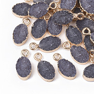 Druzy Resin Pendants, with Edge Light Gold Plated Iron Loops, Oval, Dark Gray, 15~16x7.5x4mm, Hole: 1.8mm(RESI-S383-005-A02)