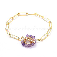 Brass Paperclip Chain Bracelets, with Natural Amethyst Beads and 304 Stainless Steel Toggle Clasps, Real 18K Gold Plated, 7-1/4 inch(18.5cm)(BJEW-JB05180-01)