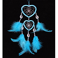 Feather Pendant Decoration with Natural Shell Beaded, Woven Net/Web with Feather, Art Hanging Decors for Garden Window Party, Deep Sky Blue, 350~400mm(PW-WG74381-03)