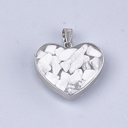 Natural Howlite Pendants, with Glass and 304 Stainless Steel Findings, Heart, Stainless Steel Color, 19x21x6mm, Hole: 3x5.5mm(STAS-T043-01B)