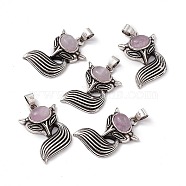 Natural Kunzite Pendants, Fox Charms, with Antique Silver Color Brass Findings, 29x19x8mm, Hole: 4~5x3.5mm(KK-A173-02AS-10)