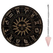 AHADEMAKER 1Pc Wood Pendulum Board, 1Pc 304 Stainless Steel Cable Chain Necklaces, 1Pc Natural Rose Quartz Stone Pendants, for Witchcraft Wiccan Altar Supplies, Sun Pattern, Board: 200x4mm(DIY-GA0005-08B)