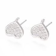 Brass Stud Earring Findings, with Cubic Zirconia and Loop, Heart, Clear, Platinum, 10x9mm, Hole: 1.2mm, Pin: 0.8mm(ZIRC-O034-20P)
