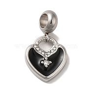 304 Stainless Steel Enamel European Dangle Charms, Large Hole Pendants with Crystal Rhinestone, Heart, Stainless Steel Color, Black, 25mm, Pendant: 16x14x3mm, Hole: 4.5mm(STAS-G308-36P-01)