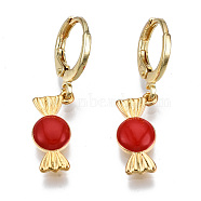 Brass Enamel Huggie Hoop Earrings, Nickel Free, Real 16K Gold Plated, Candy, Red, 30x8mm, Pin: 1mm(EJEW-T014-19G-04-NF)
