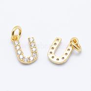 Brass Micro Pave Grade AAA Cubic Zirconia Charms, Letter U, Cadmium Free & Nickel Free & Lead Free, Real 18K Gold Plated, 9x6x1.5mm, Hole: 2mm(ZIRC-P067-11G-U-NR)
