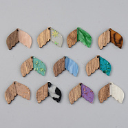 Resin & Walnut Wood Pendants, Fishtail Shape, Mixed Color, 23x28x3mm, Hole: 2mm(RESI-S389-017A)