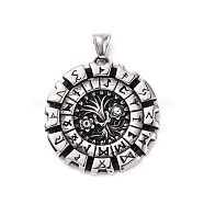 304 Stainless Steel Pendants, Flat Round with Viking Rune, Antique Silver, 43x40.5x4mm, Hole: 4x8mm(STAS-J039-19AS)