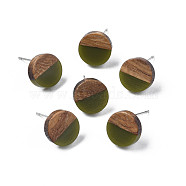 Opaque Resin & Walnut Wood Stud Earrings, with 316 Stainless Steel Pins, Flat Round, Dark Olive Green, 10mm, Pin: 0.7mm(X-EJEW-N017-008-B08)