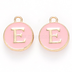 Golden Plated Alloy Enamel Charms, Cadmium Free & Lead Free, Enamelled Sequins, Flat Round with Letter, Pink, Letter.E, 14x12x2mm, Hole: 1.5mm(X-ENAM-S118-07E)