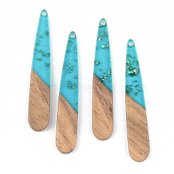 Transparent Resin & Walnut Wood Pendants, with Gold Foil, teardrop, , Dark Turquoise, 44x7.5x3mm, Hole: 1.5mm(RESI-S389-039A-B03)