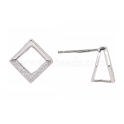 Anti-Tarnish Rhodium Plated 925 Sterling Silver Stud Earring Findings, with Micro Pave Cubic Zirconia, Bar Links and Ice Pick Pinch Bail, Rhombus, Platinum, 10x10mm, Pin: 0.8mm(STER-F048-28P)