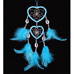 Feather Pendant Decoration with Natural Shell Beaded, Woven Net/Web with Feather, Art Hanging Decors for Garden Window Party, Deep Sky Blue, 350~400mm(PW-WG74381-03)