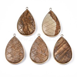Natural Picture Jasper Pendants, with Light Gold Plated Brass Findings, Teardrop, 50~51x31~31.5x10mm, Hole: 2mm(G-N326-108E)
