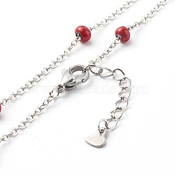 304 Stainless Steel Cable Chain Necklaces, with Enamel Beads, Stainless Steel Color, Indian Red, 17.3 inch(44cm)(NJEW-JN03629-05)