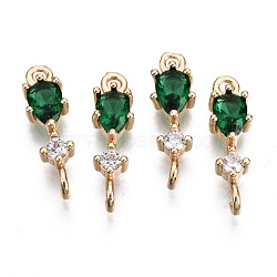 Brass Micro Pave Cubic Zirconia Links Connectors, with Glass, Long-Lasting Plated, Light Gold, Teardrop, Sea Green, 17x5x3.5mm, Hole: 1.5mm(KK-R111-007-A02)