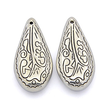 CCB Plastic Carved Teardrop Pendants, Antique Silver, 36x17x7mm, Hole: 1mm