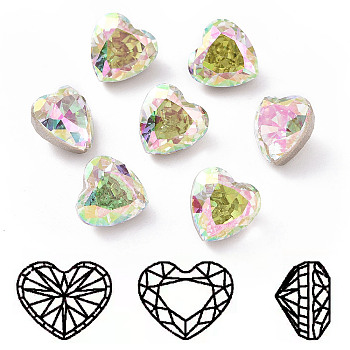 K9 Glass Rhinestone Cabochons, Pointed Back & Back Plated, Faceted, Heart, Colorful, 8x8x6mm