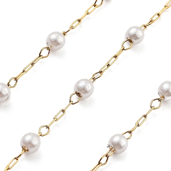 Handmade Round ABS Imitation Pearl Beaded Chains, with Ion Plating(IP) 304 Stainless Steel Chains, Unwelded, Real 18K Gold Plated , White, 2.2x1x0.5mm, Round: 3mm