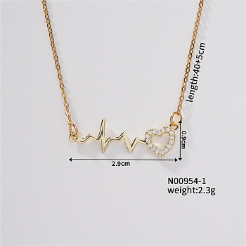 Chic Minimalist Heartbeat Brass Micro Pave Cubic Zirconia Pendant Necklaces, Cable Chains Necklaces for Women, 15.75 inch(400mm)