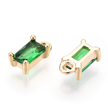 Brass Green Cubic Zirconia Charms, Rectangle, Nickel Free, Unplated, 8x4x3mm, Hole: 1.2mm