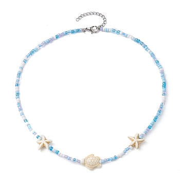 Synthetic Turquoise Starfish & Turtle & Seed Beaded Necklace for Women, White, 15.75 inch(40cm)
