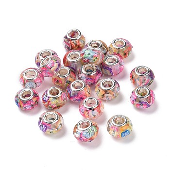 Transparent Resin European Rondelle Beads, Large Hole Beads, with Butterfly Polymer Clay and Platinum Tone Alloy Double Cores, Colorful, 14x8.5mm, Hole: 5mm
