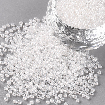 11/0 Grade A Transparent Glass Seed Beads, Inside Color, Luster Plated, Round, White, 2.3x1.5mm, Hole: 1mm, about 5300pcs/50g