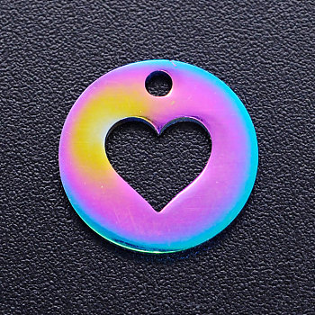 Ion Plating(IP) 201 Stainless Steel Charms, Flat Round with Heart, Rainbow Color, 12x1mm, Hole: 1.5mm