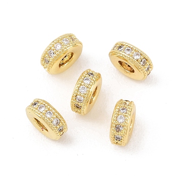 Brass Micro Pave Clear Cubic Zirconia Beads, Cadmium Free & Lead Free, Rondelle, Golden, 8x3.5mm, Hole: 3mm