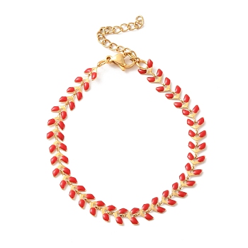 Enamel Ear of Wheat Link Chains Bracelet, Vacuum Plating 304 Stainless Steel Jewelry for Women, Red, 6-7/8 inch(17.6cm)